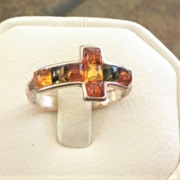 Baltic Amber Multicolor Cross Ring .925 Sterling Silver Genuine Gemstones - Picture 11 of 15